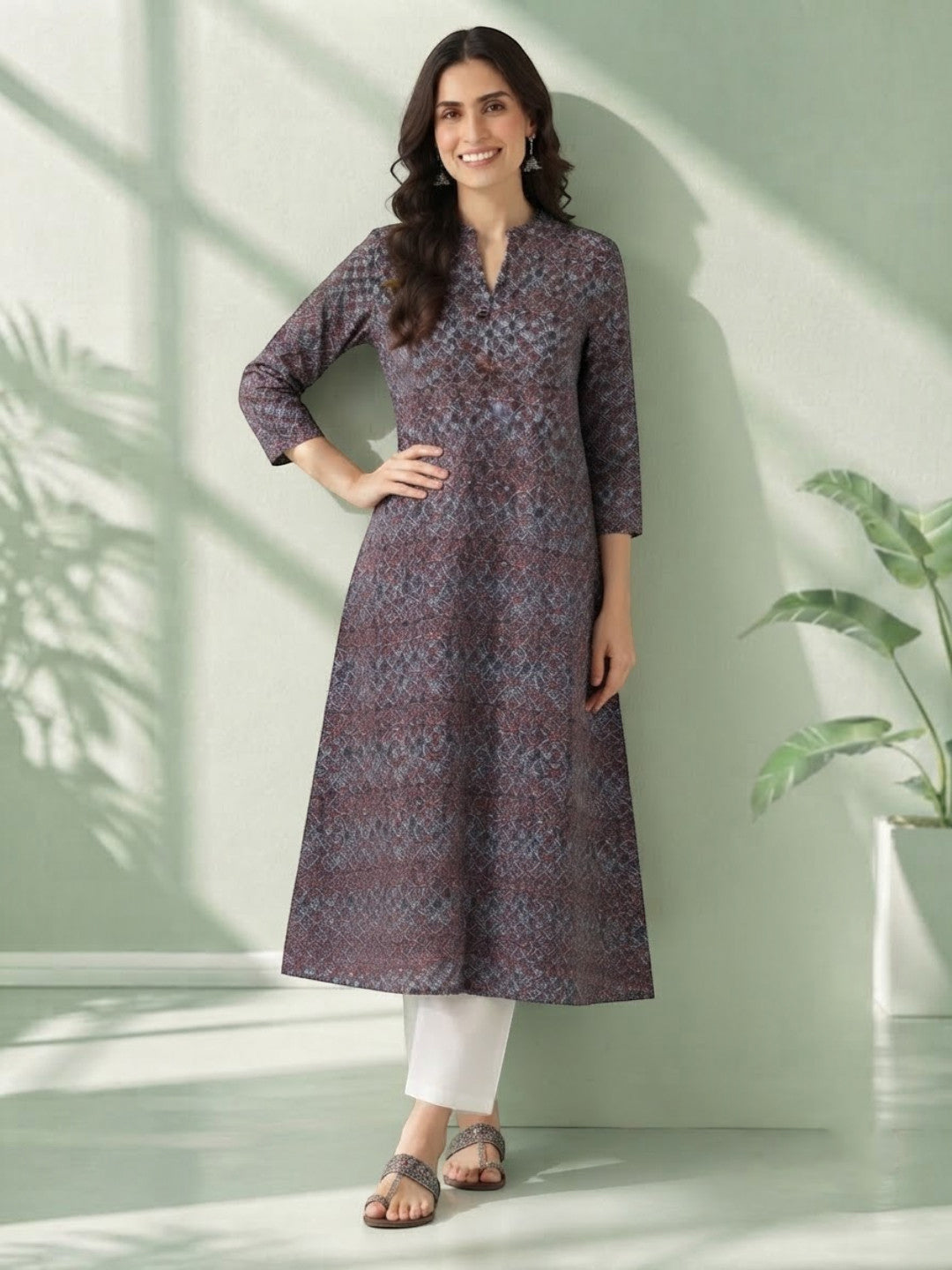 Woman in printed long kurta with white pants, stylish plus size fashion outfit