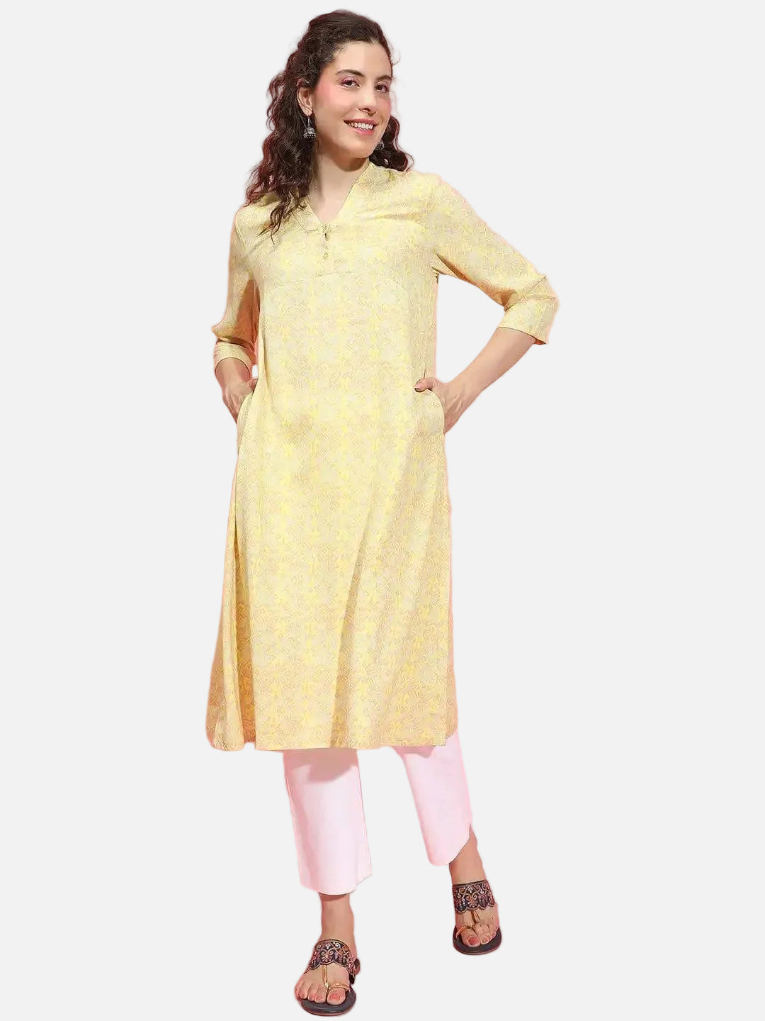 Lit Yellow Floral Print V-Neck 3/4 Sleeve Tunic for Women of All Ages - oxolloxo