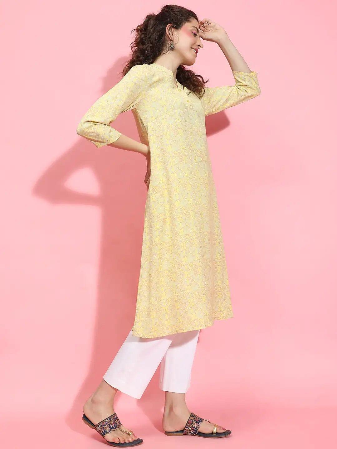 Lit Yellow Floral Print V-Neck 3/4 Sleeve Tunic for Women of All Ages - oxolloxo