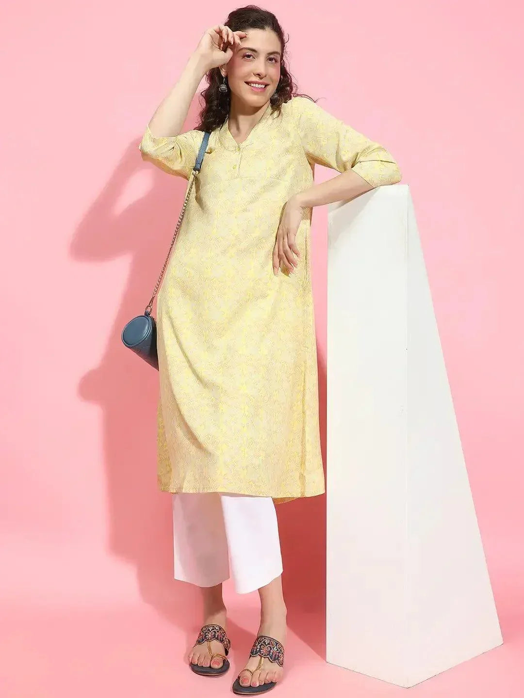 Lit Yellow Floral Print V-Neck 3/4 Sleeve Tunic for Women of All Ages - oxolloxo