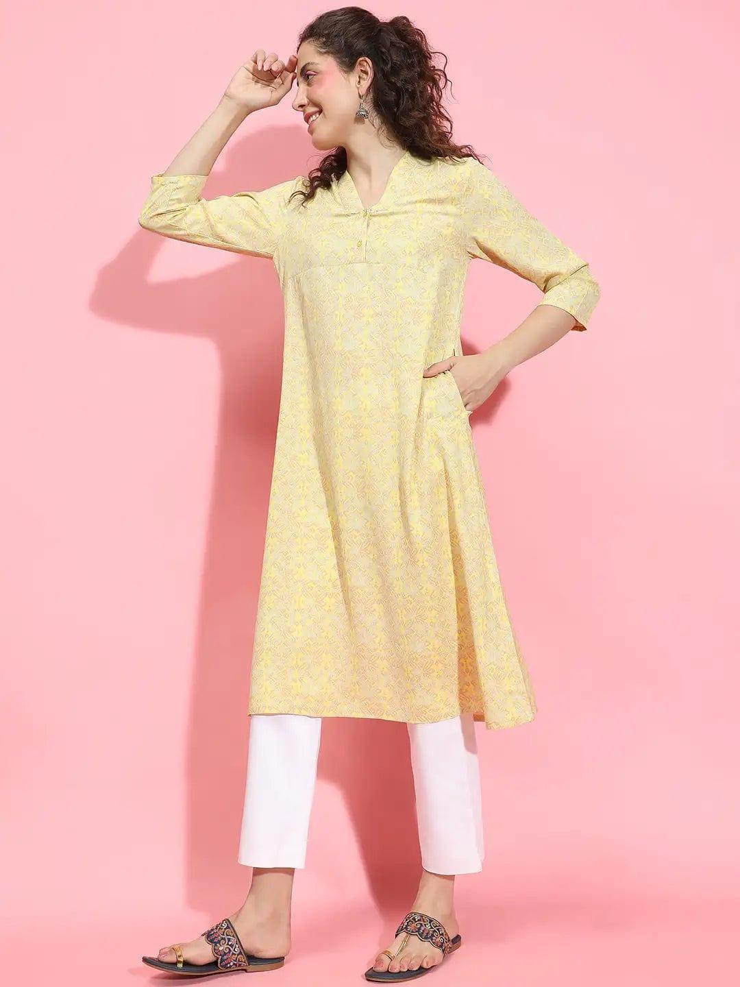 Lit Yellow Floral Print V-Neck 3/4 Sleeve Tunic for Women of All Ages - oxolloxo