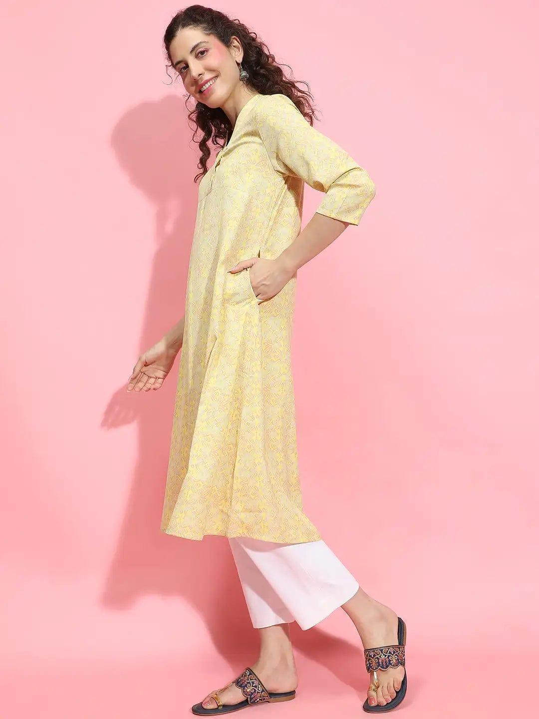 Lit Yellow Floral Print V-Neck 3/4 Sleeve Tunic for Women of All Ages - oxolloxo