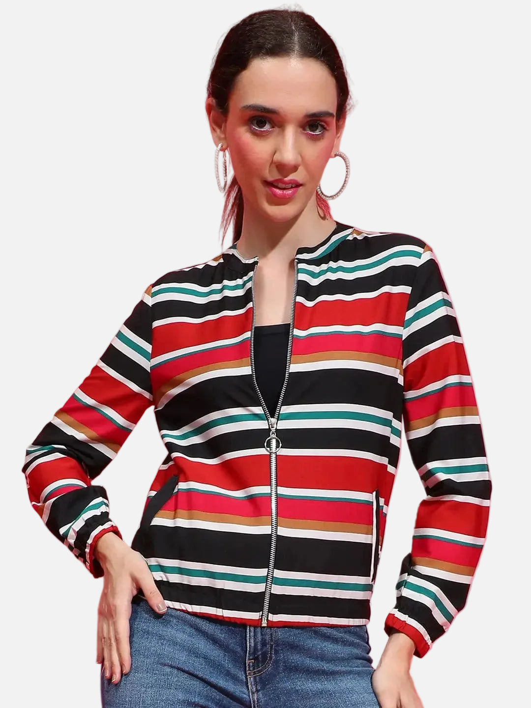 Multicolor Stripe Print Bomber Jacket