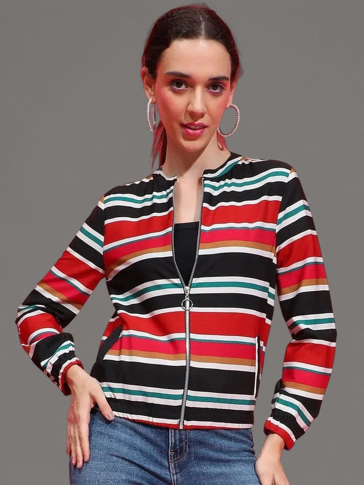 Multicolor Stripe Print Bomber Jacket