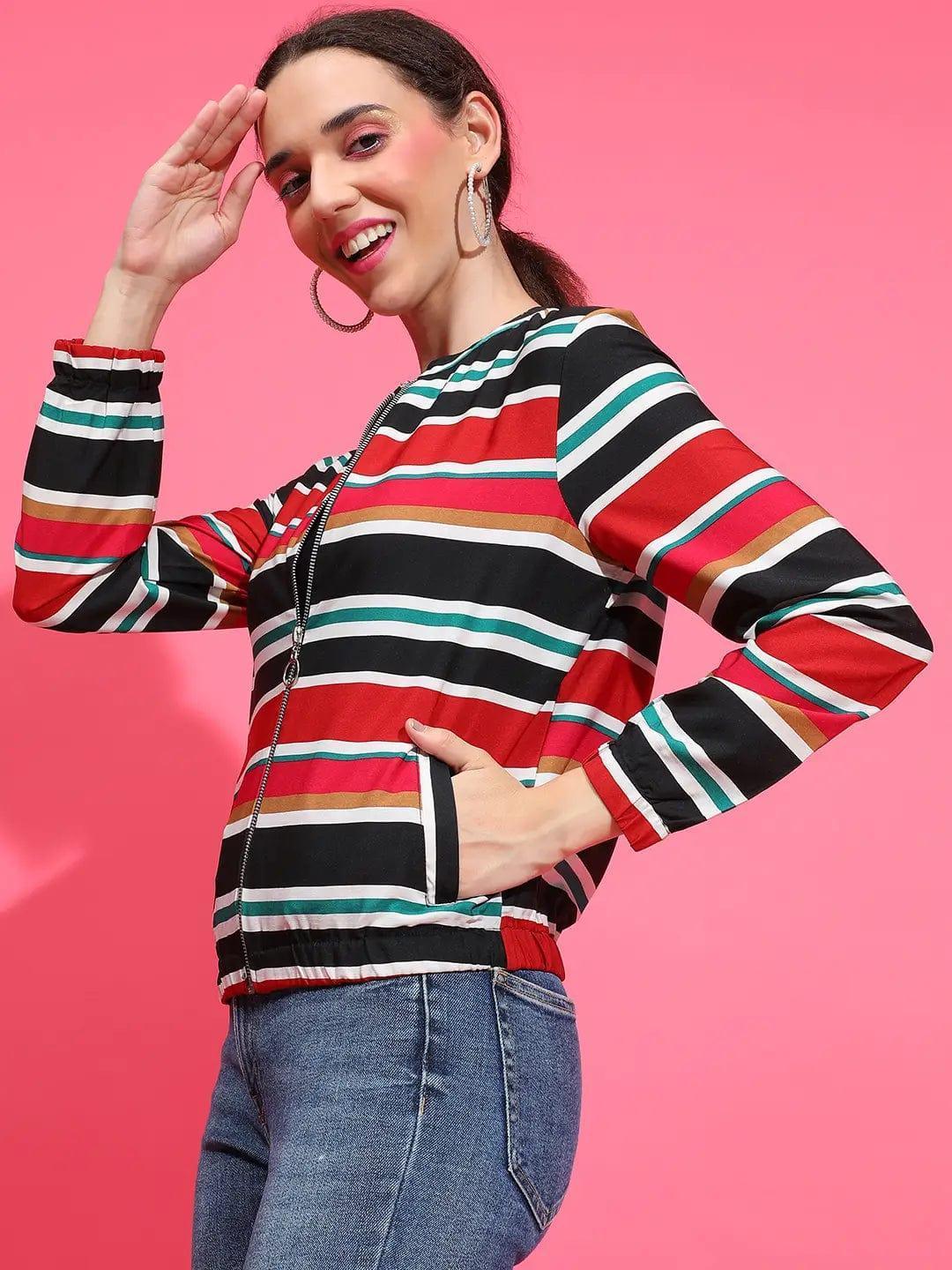 Multicolor Stripe Print Bomber Jacket