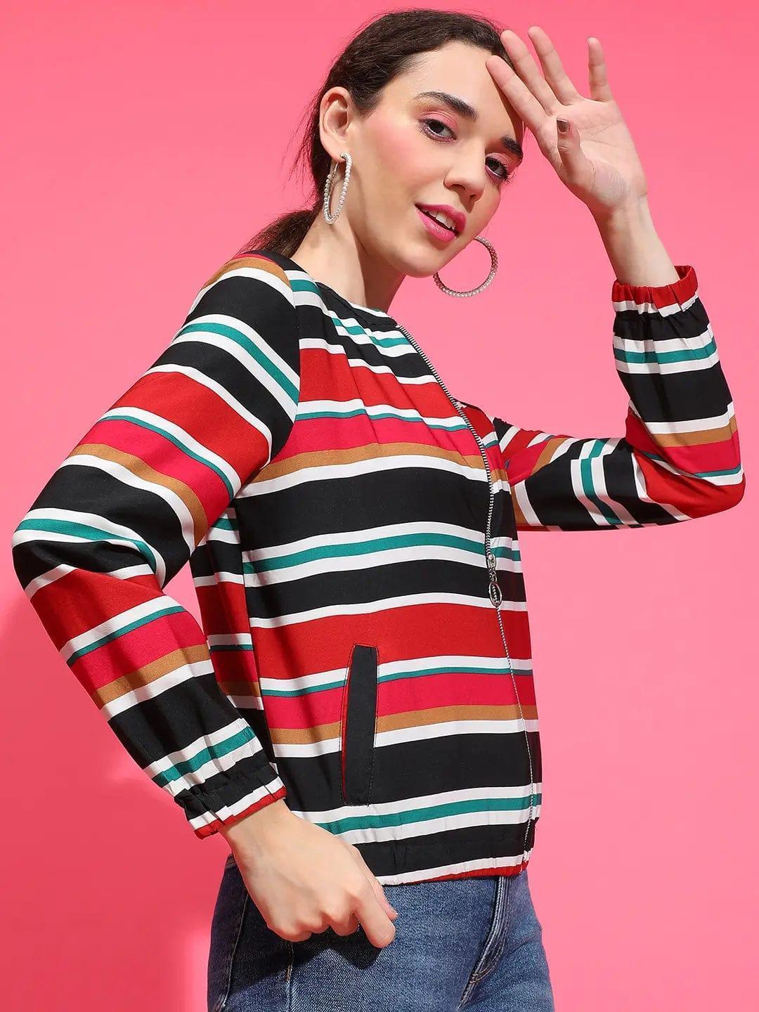 Multicolor Stripe Print Bomber Jacket