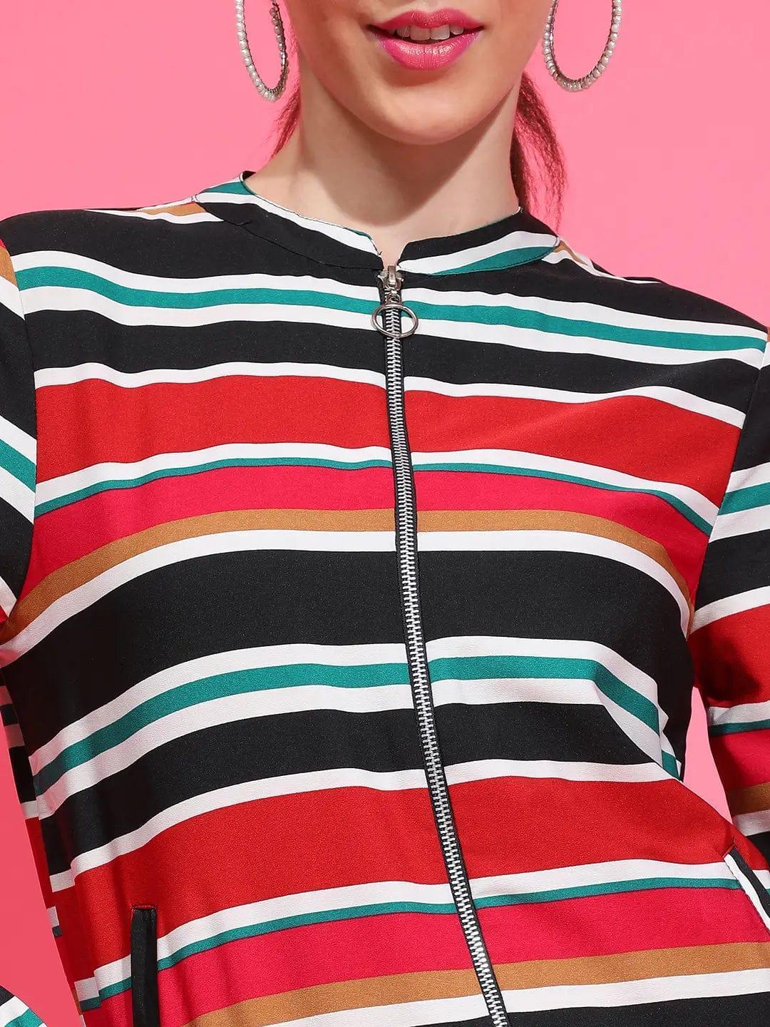 Multicolor Stripe Print Bomber Jacket