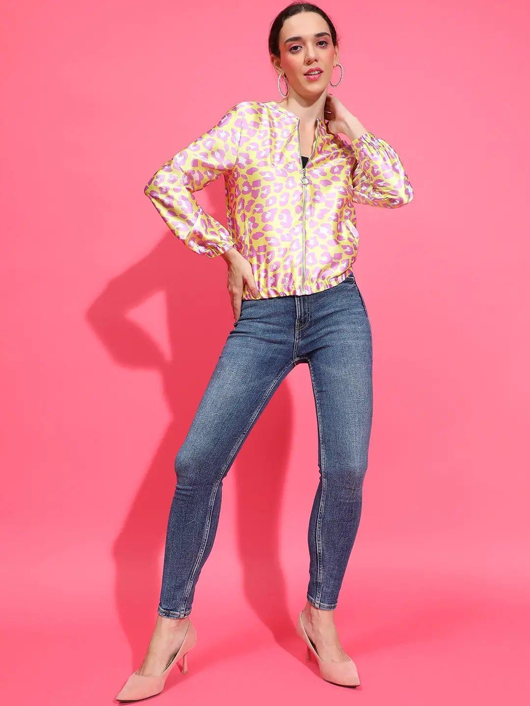 Yellow Animal Print Round Neck Long Sleeve Winter Wear Bomber Jacket - oxolloxo