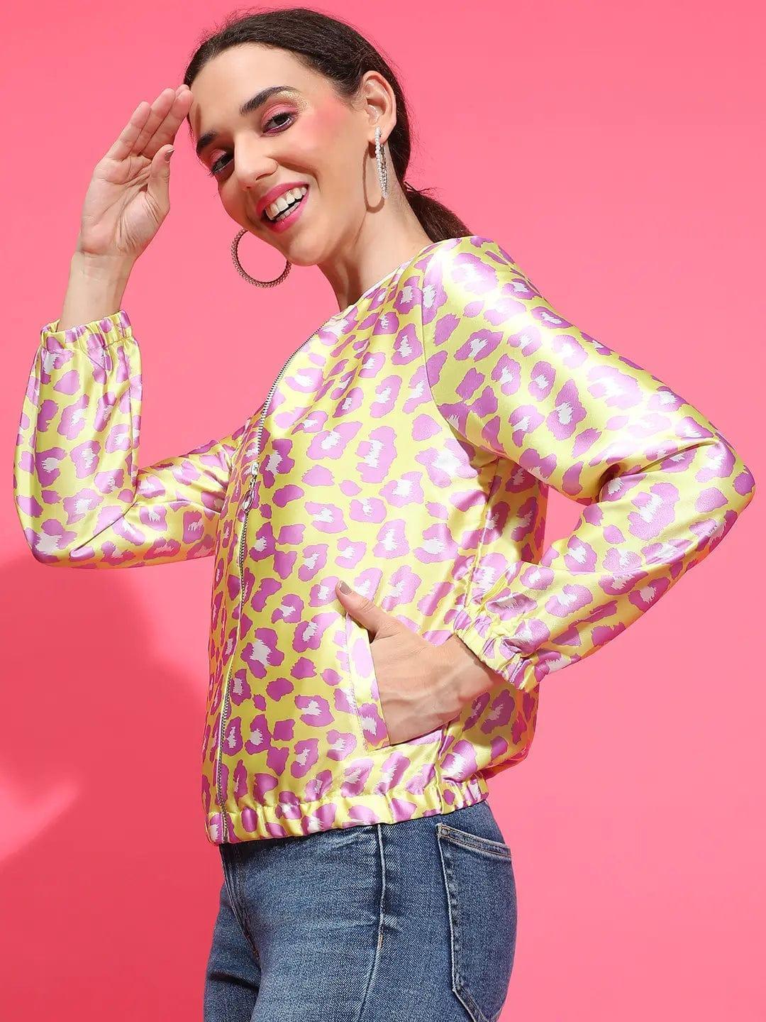 Yellow Animal Print Round Neck Long Sleeve Winter Wear Bomber Jacket - oxolloxo