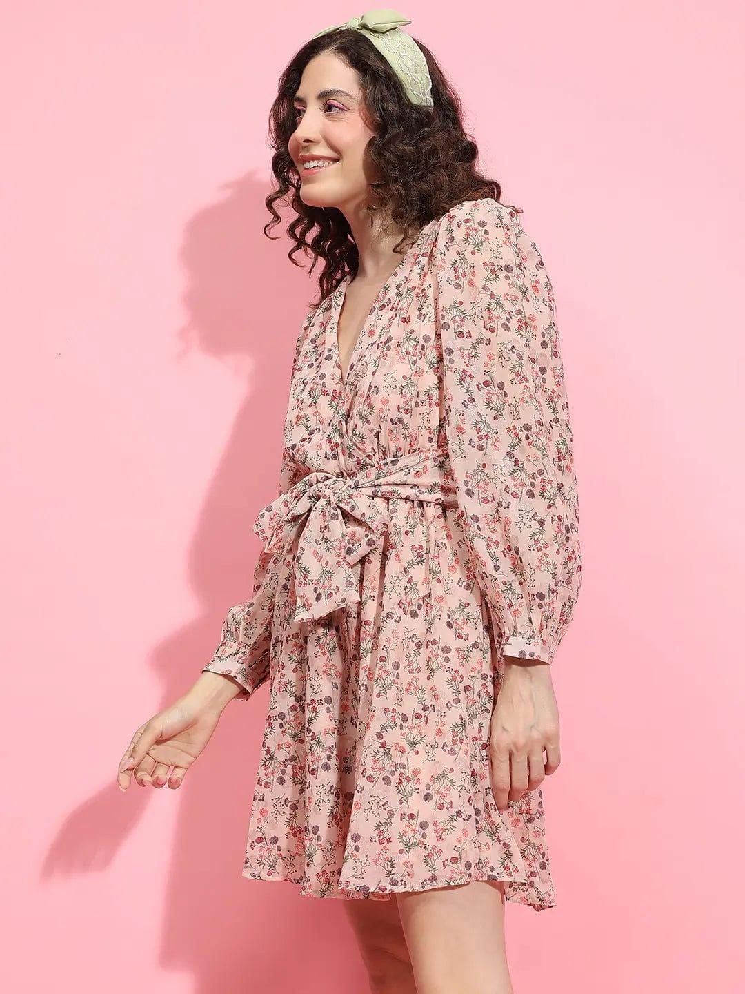 Whimsical Peach Floral Lurex Print Tie-Knot Belted Women Dress - oxolloxo