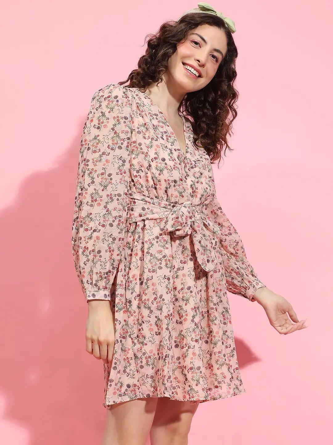 Whimsical Peach Floral Lurex Print Tie-Knot Belted Women Dress - oxolloxo