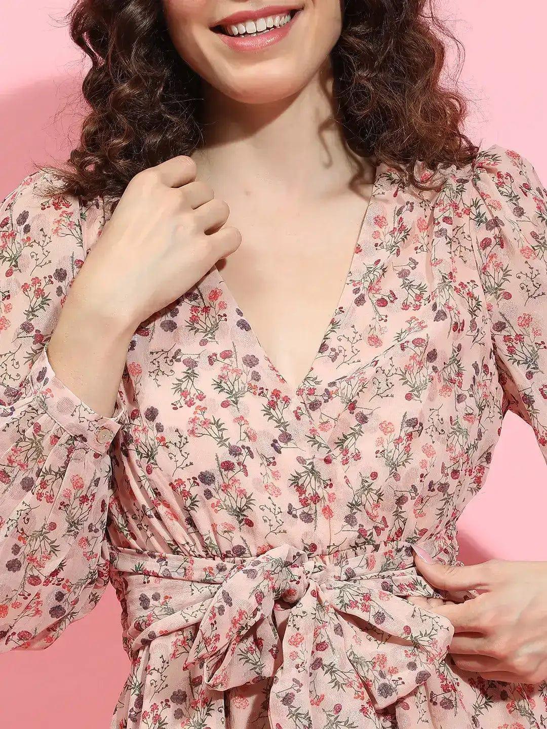 Whimsical Peach Floral Lurex Print Tie-Knot Belted Women Dress - oxolloxo