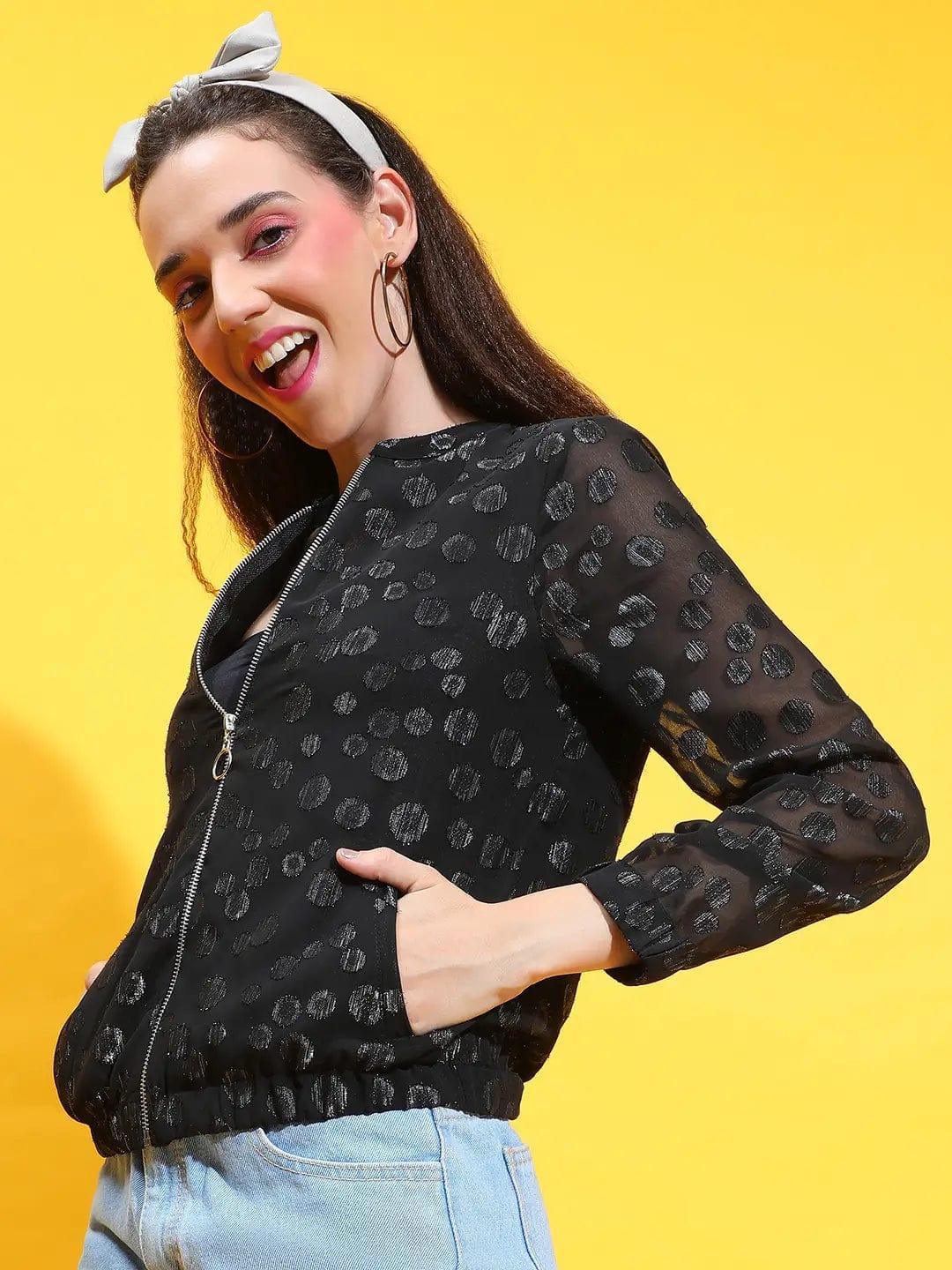 Black Foil Floral Print Round Neck Long Sleeve Winter Wear Bomber Jacket - oxolloxo