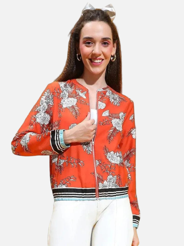 Rust Floral Print Bomber Jacket