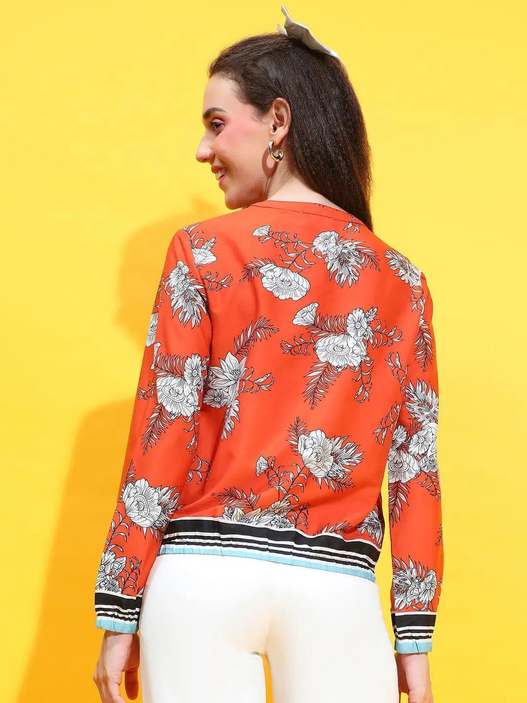 Rust Color Floral Print Round Neck Long Sleeve Winter Wear Bomber Jacket - oxolloxo