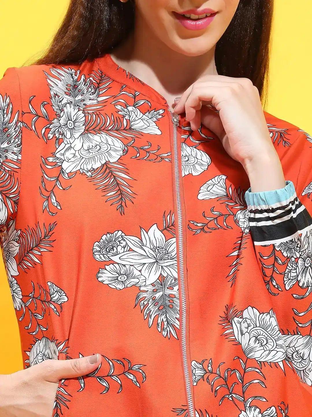 Rust Color Floral Print Round Neck Long Sleeve Winter Wear Bomber Jacket - oxolloxo