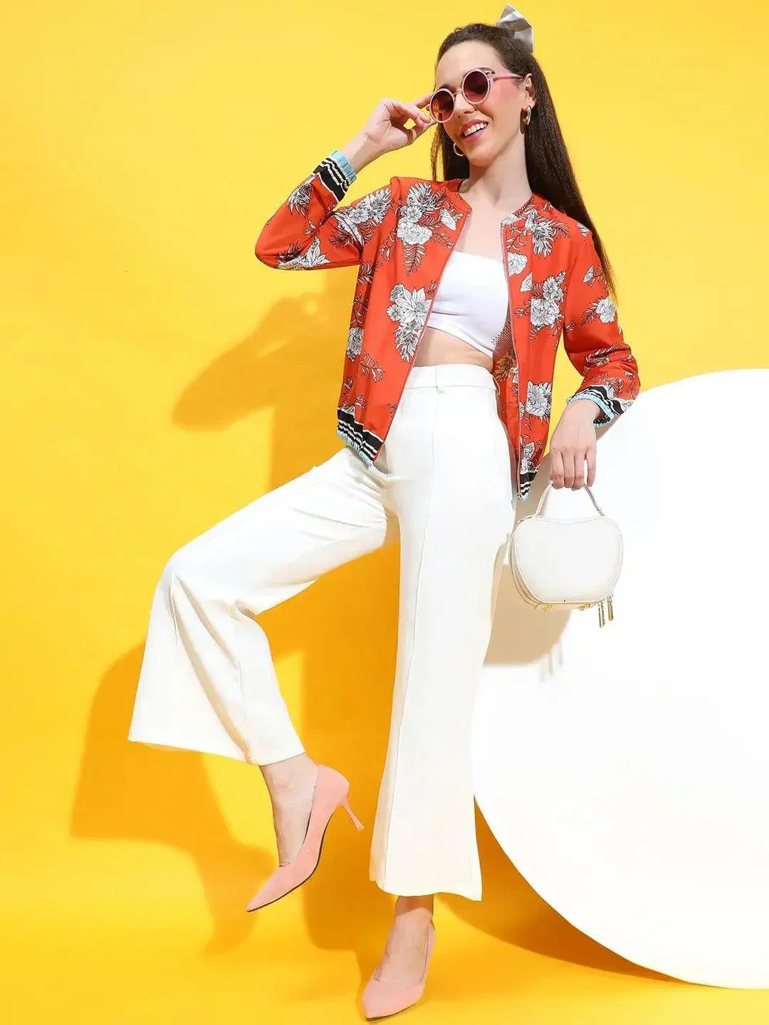 Rust Color Floral Print Round Neck Long Sleeve Winter Wear Bomber Jacket - oxolloxo