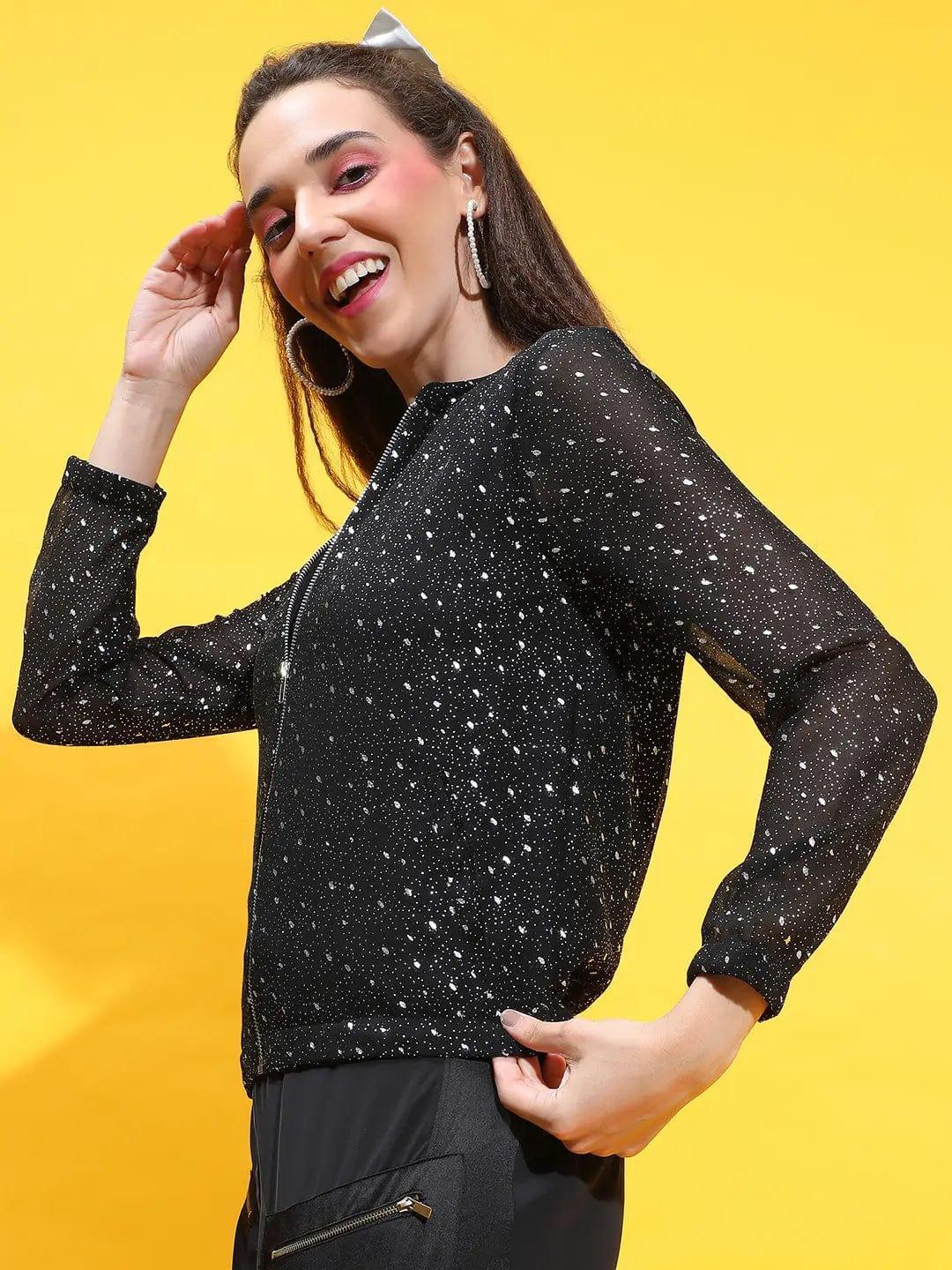 Black Foil Floral Print Round Neck Long Sleeve Winter Wear Bomber Jacket - oxolloxo