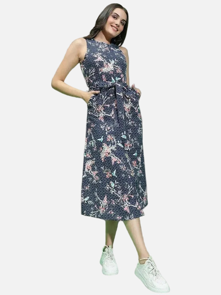 Navy Floral Print Cotton Dress