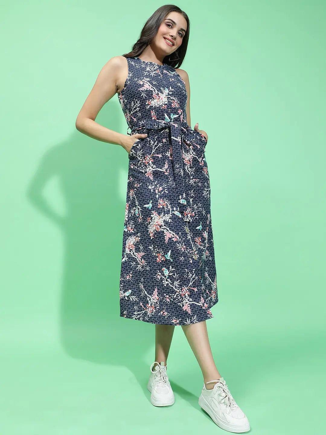 Navy Floral Print Cotton Dress