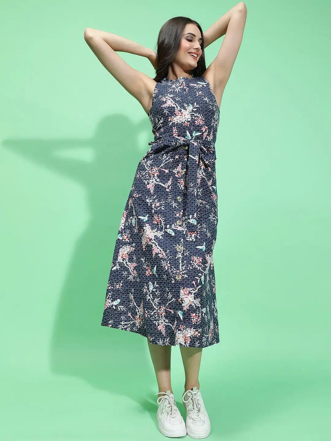 Navy Floral Print Cotton Dress