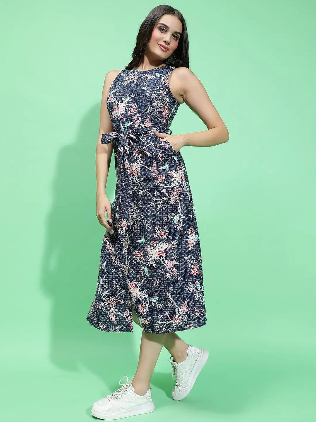 Navy Floral Print Cotton Dress
