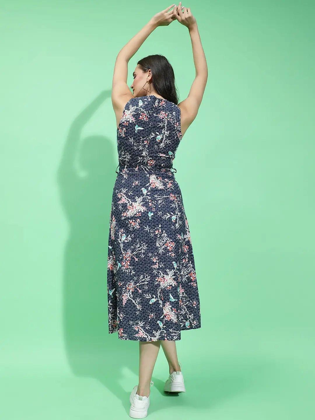 Navy Floral Print Cotton Dress