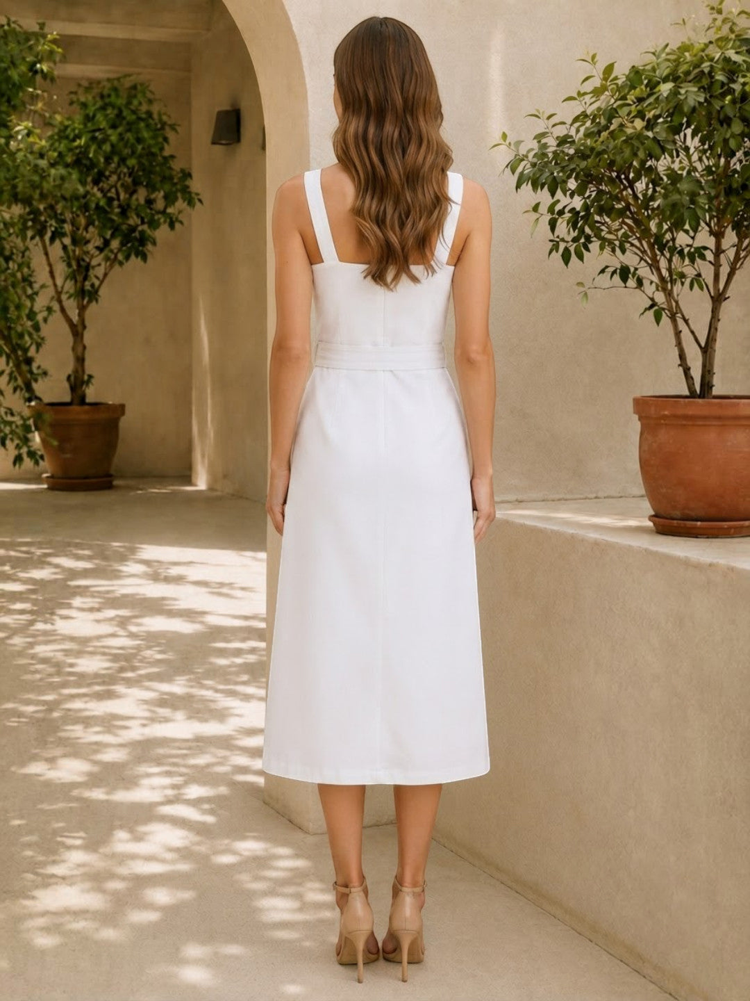 White midi dress with square back, perfect for plus size & regular women's fashion, stylish and affordable.