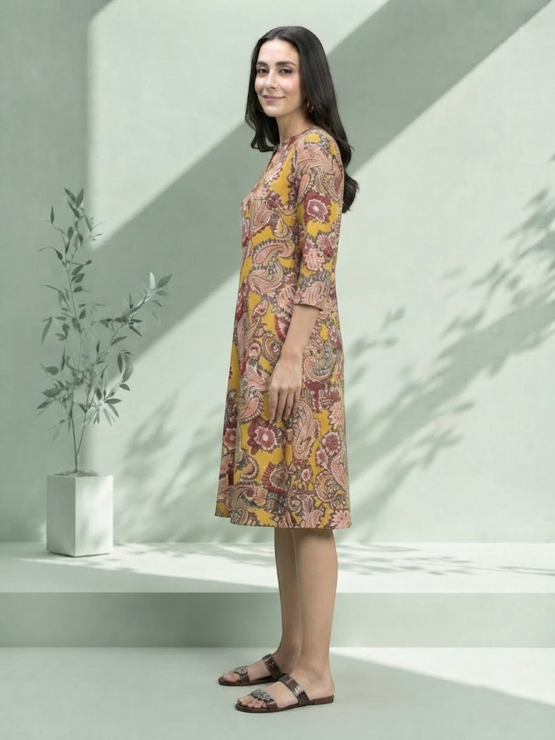 Woman in floral print midi dress, plus size fashion, stylish women's clothing