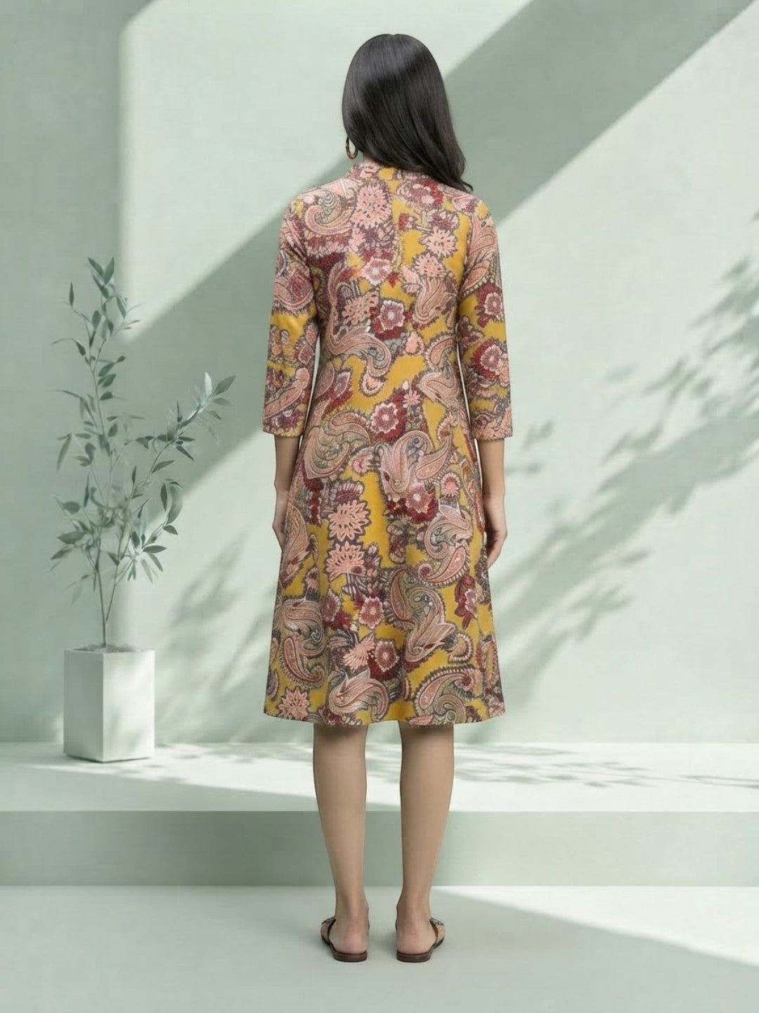 Woman wearing floral paisley print midi dress, back view, plus size fashion