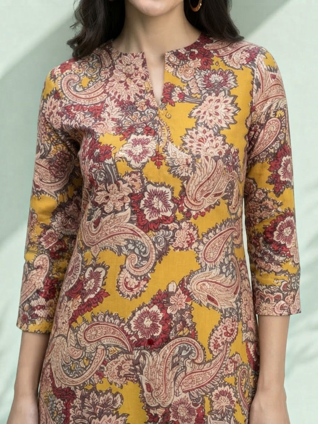 Yellow floral paisley print women's kurta with 3/4 sleeves, plus size fashion