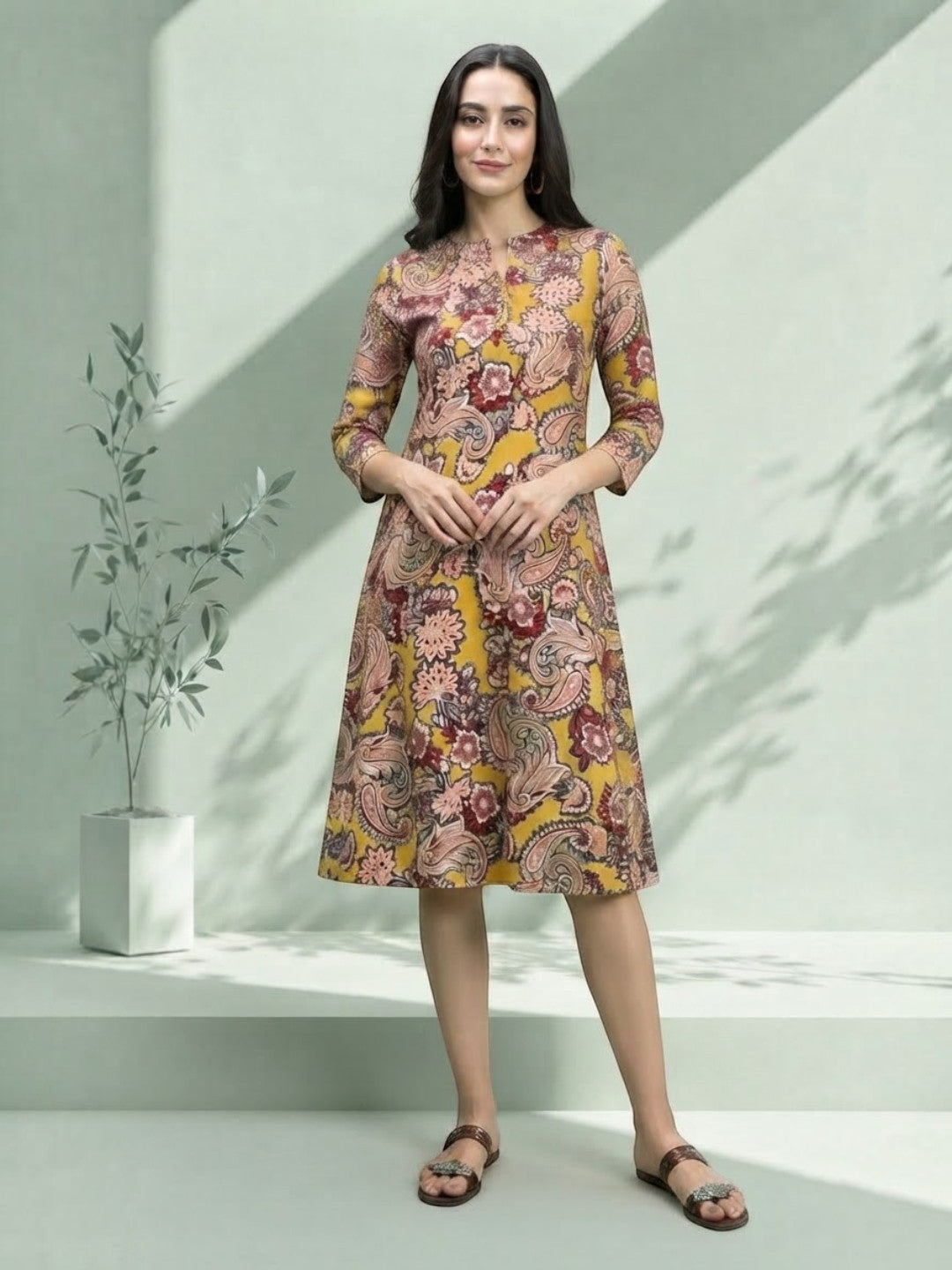 Woman in yellow floral print midi dress with 3/4 sleeves, perfect for plus size & regular women's fashion