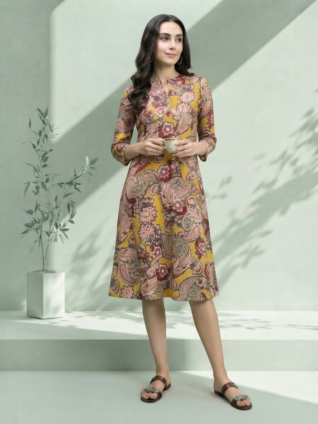 Woman in floral print midi dress with 3/4 sleeves, holding teacup, stylish plus size fashion