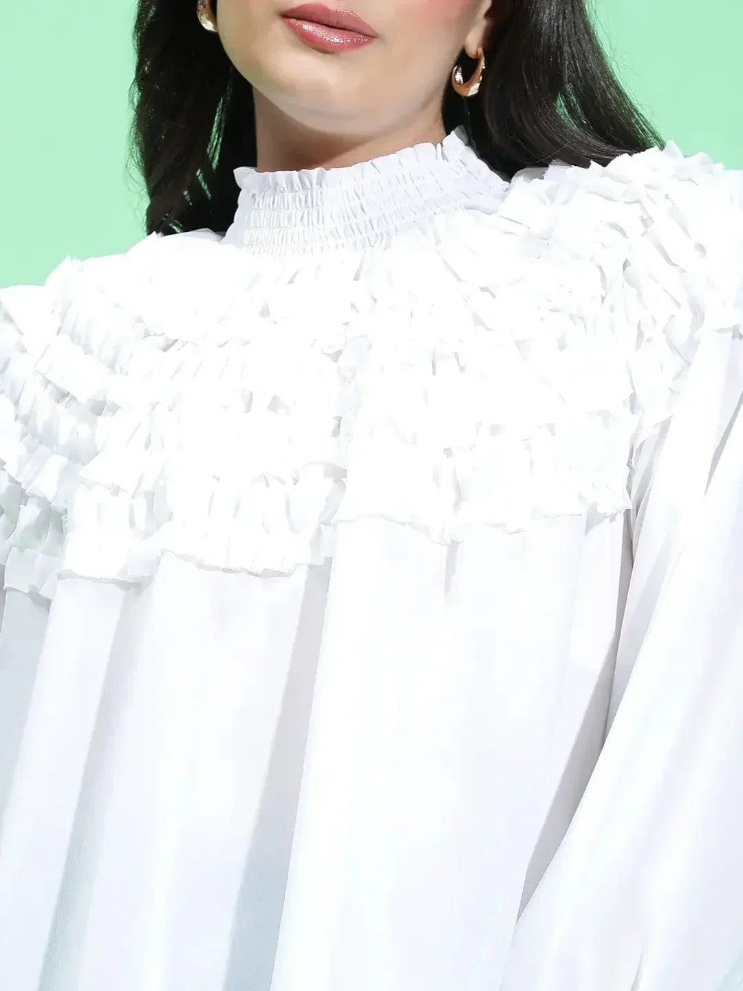 Snowy White Smocked Top with Frill Detail for Women - oxolloxo