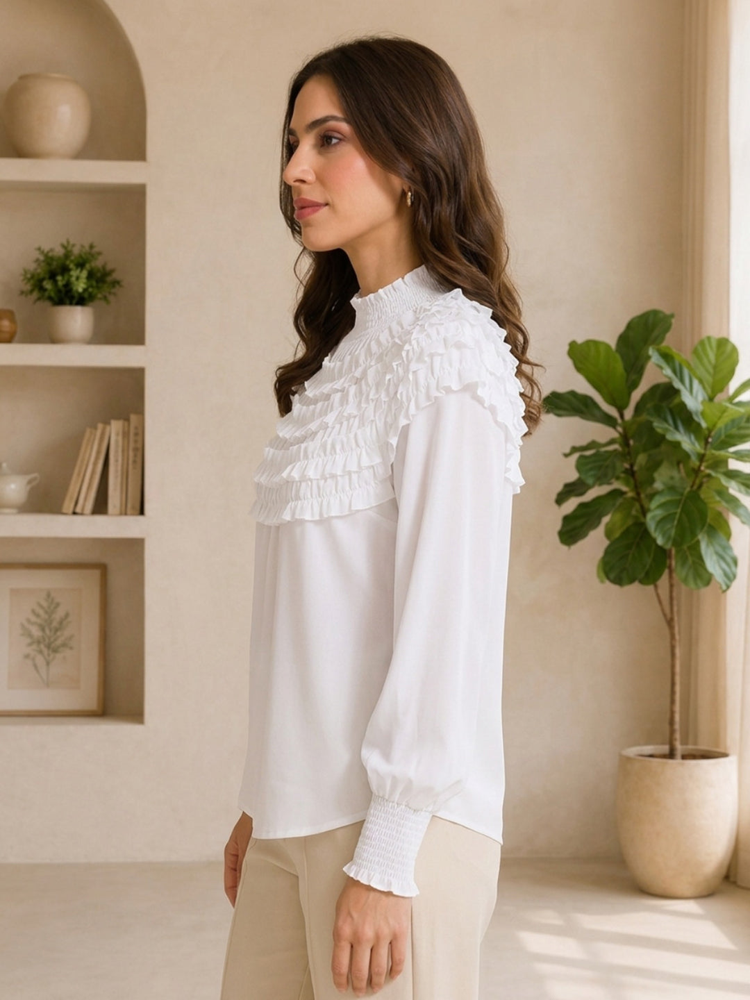 White ruffle blouse with smocked sleeves, plus size women's fashion, trendy top for everyday wear