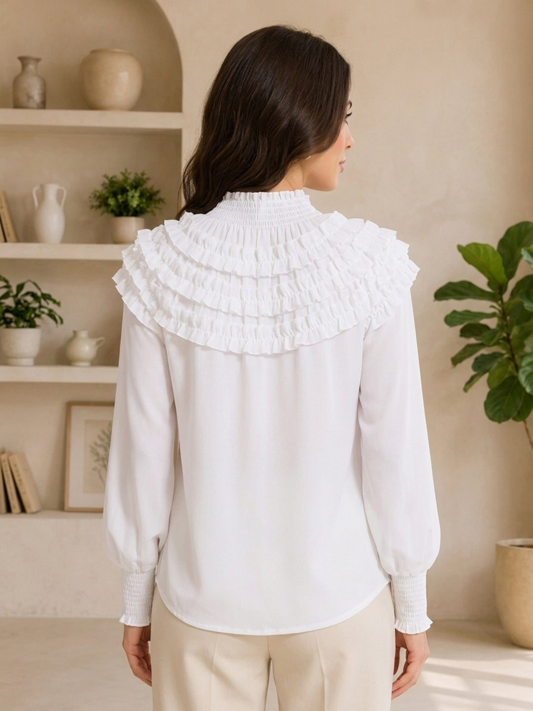 White ruffled collar blouse with smocked cuffs, plus size women's fashion