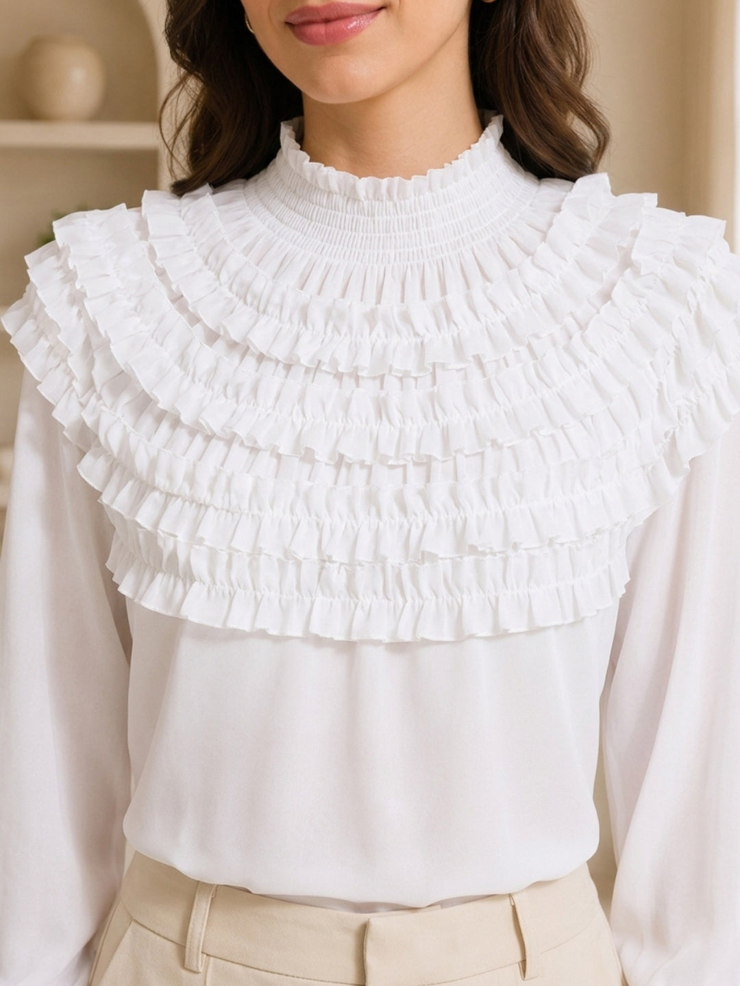 White ruffled blouse with smocked neckline, plus size women's fashion top