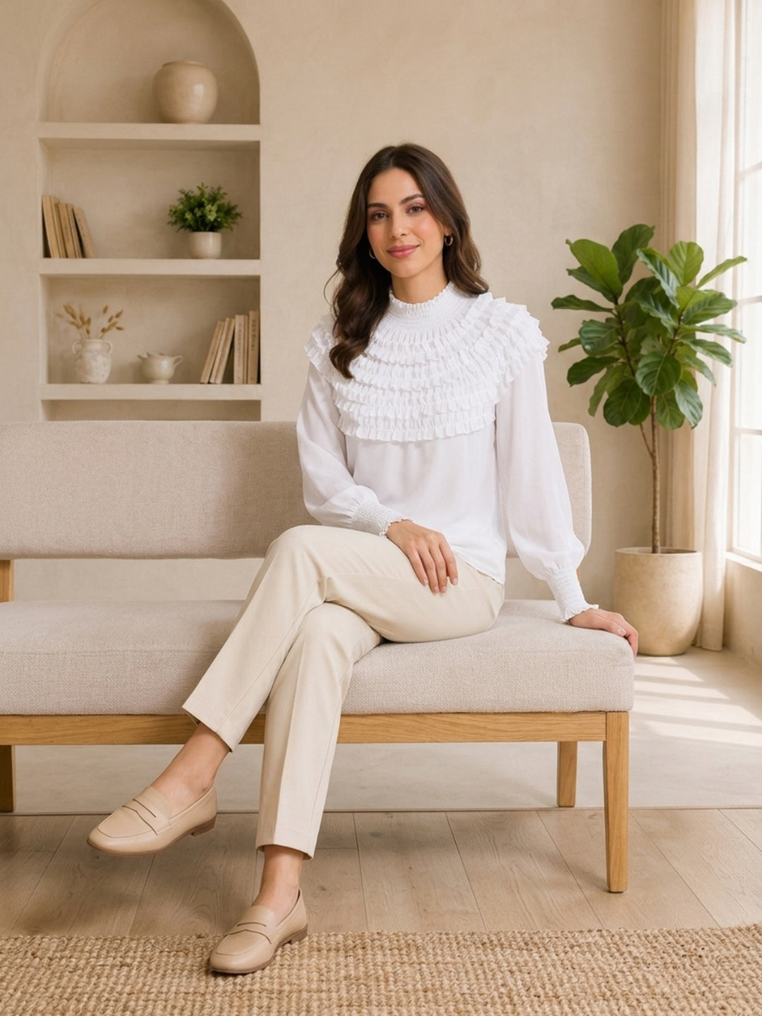 Woman in white ruffled blouse and beige pants, stylish plus size fashion outfit