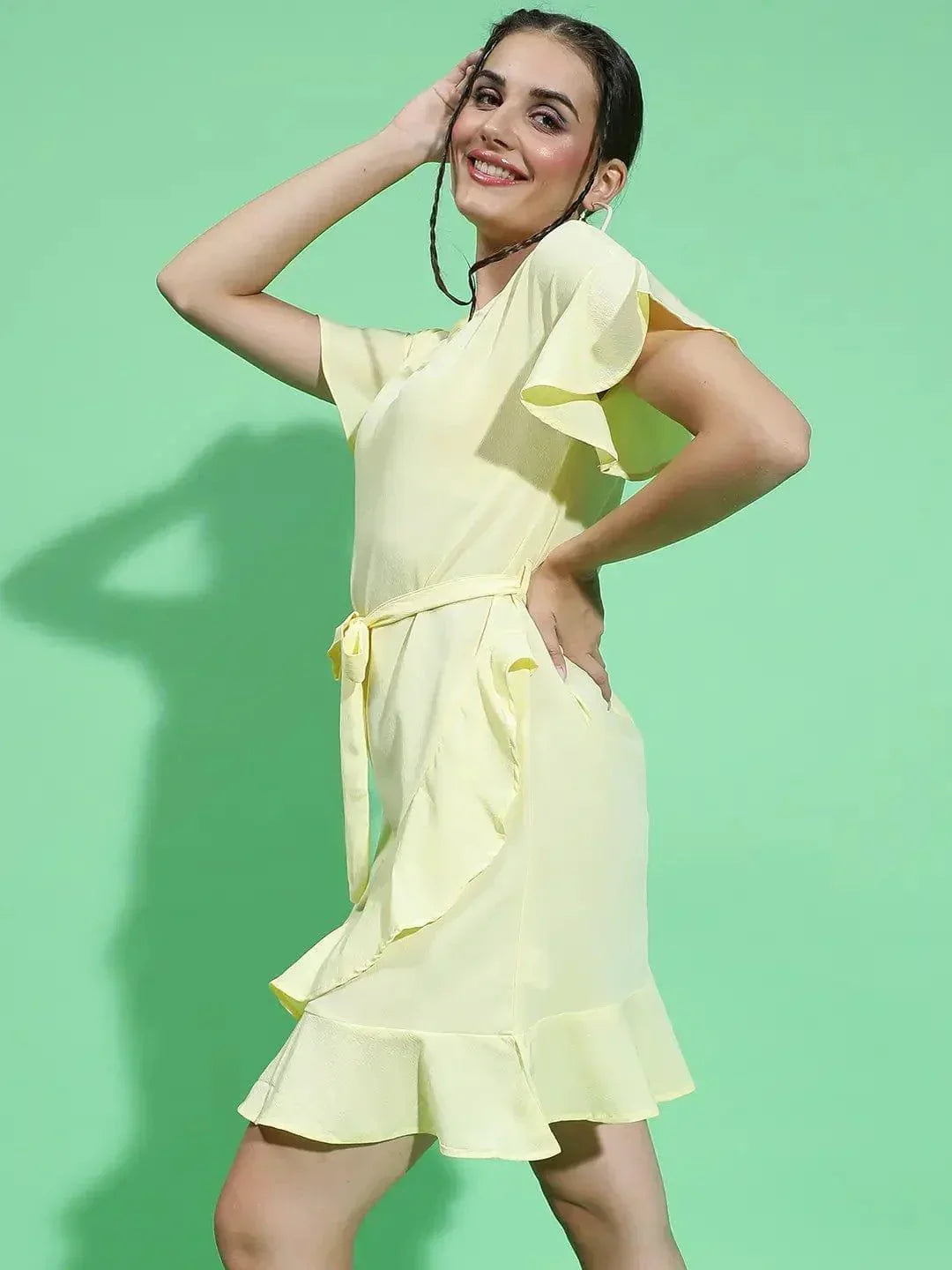 Glowed Yellow Belted and Ruffle Detail Women Dress - oxolloxo