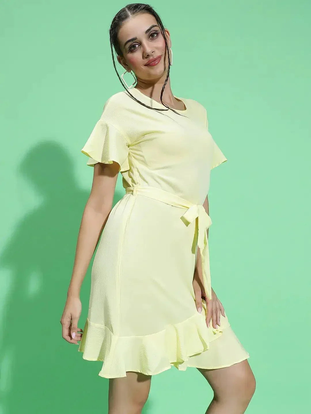 Glowed Yellow Belted and Ruffle Detail Women Dress - oxolloxo