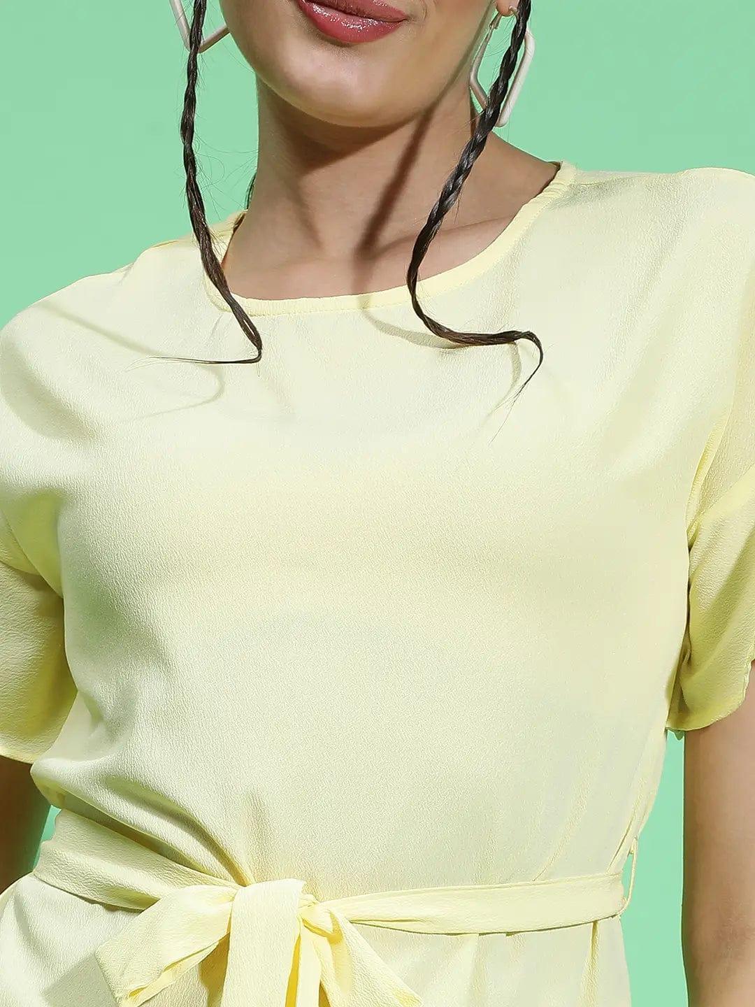 Glowed Yellow Belted and Ruffle Detail Women Dress - oxolloxo