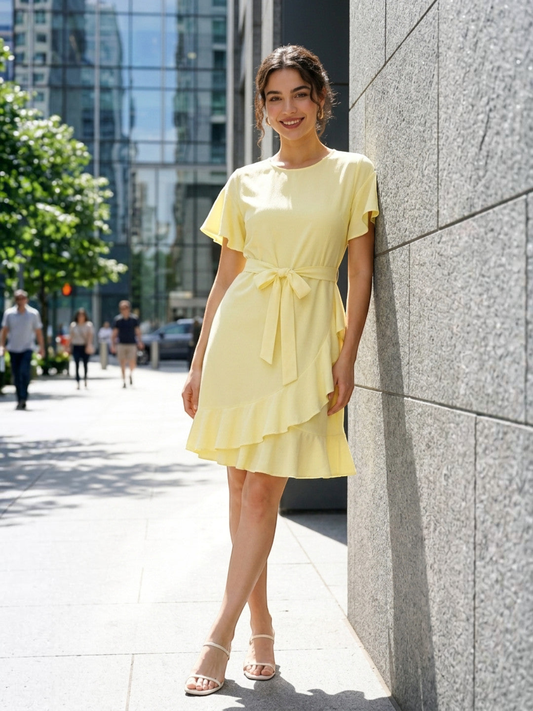 glowed yellow wrap dress