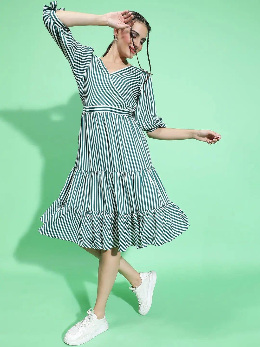All Green Stripe Print Women Knee Length women Dress - oxolloxo