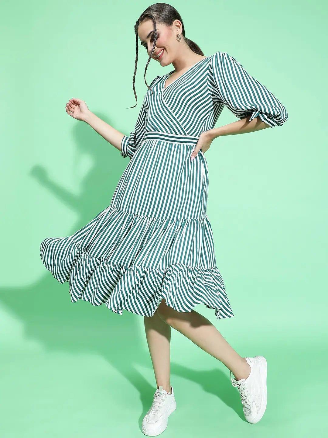 All Green Stripe Print Women Knee Length women Dress - oxolloxo