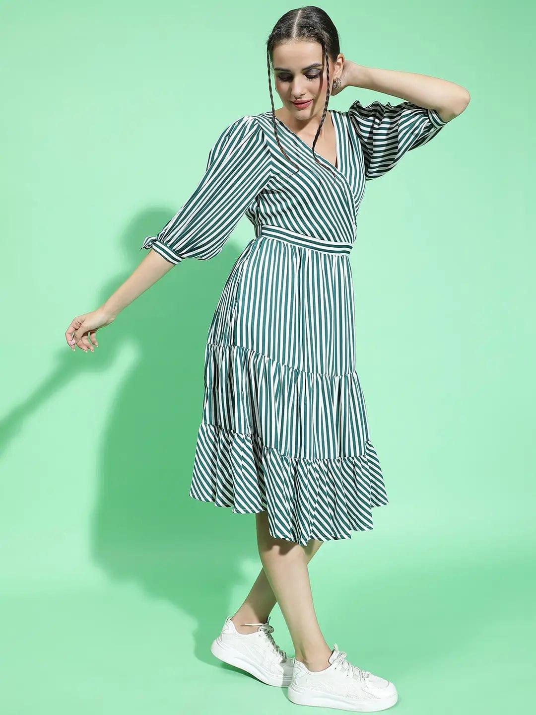 All Green Stripe Print Women Knee Length women Dress - oxolloxo