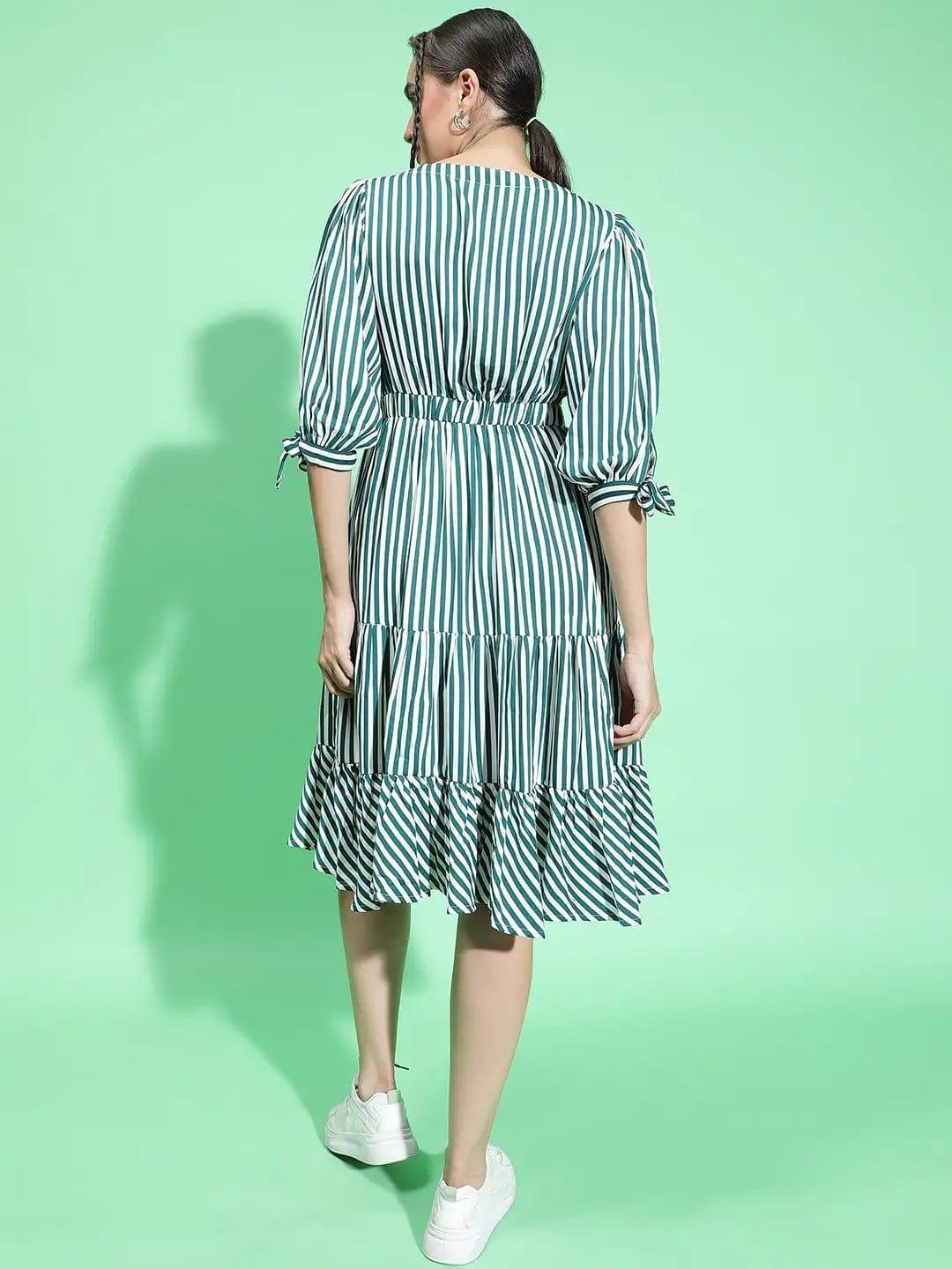 All Green Stripe Print Women Knee Length women Dress - oxolloxo