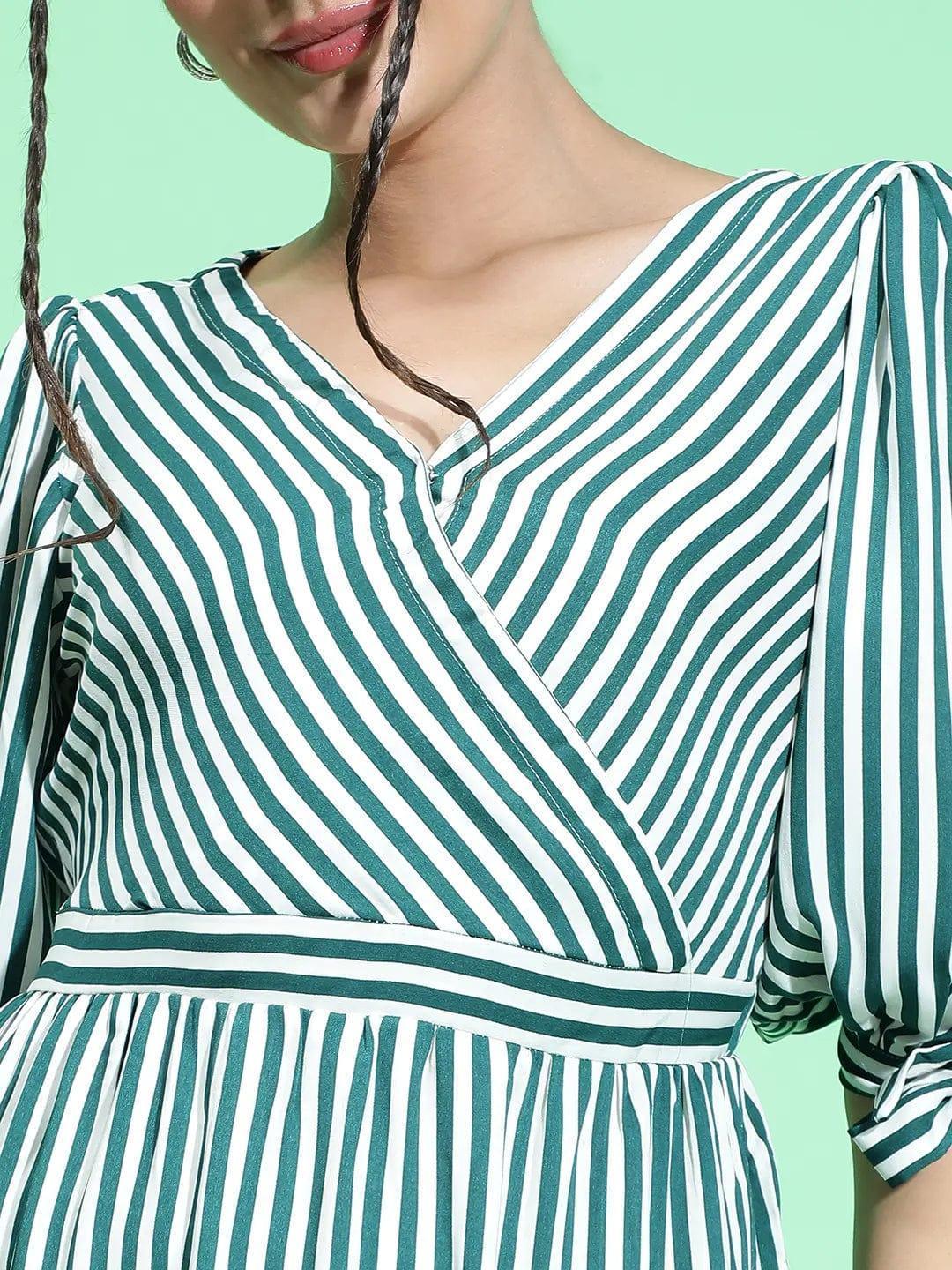 All Green Stripe Print Women Knee Length women Dress - oxolloxo