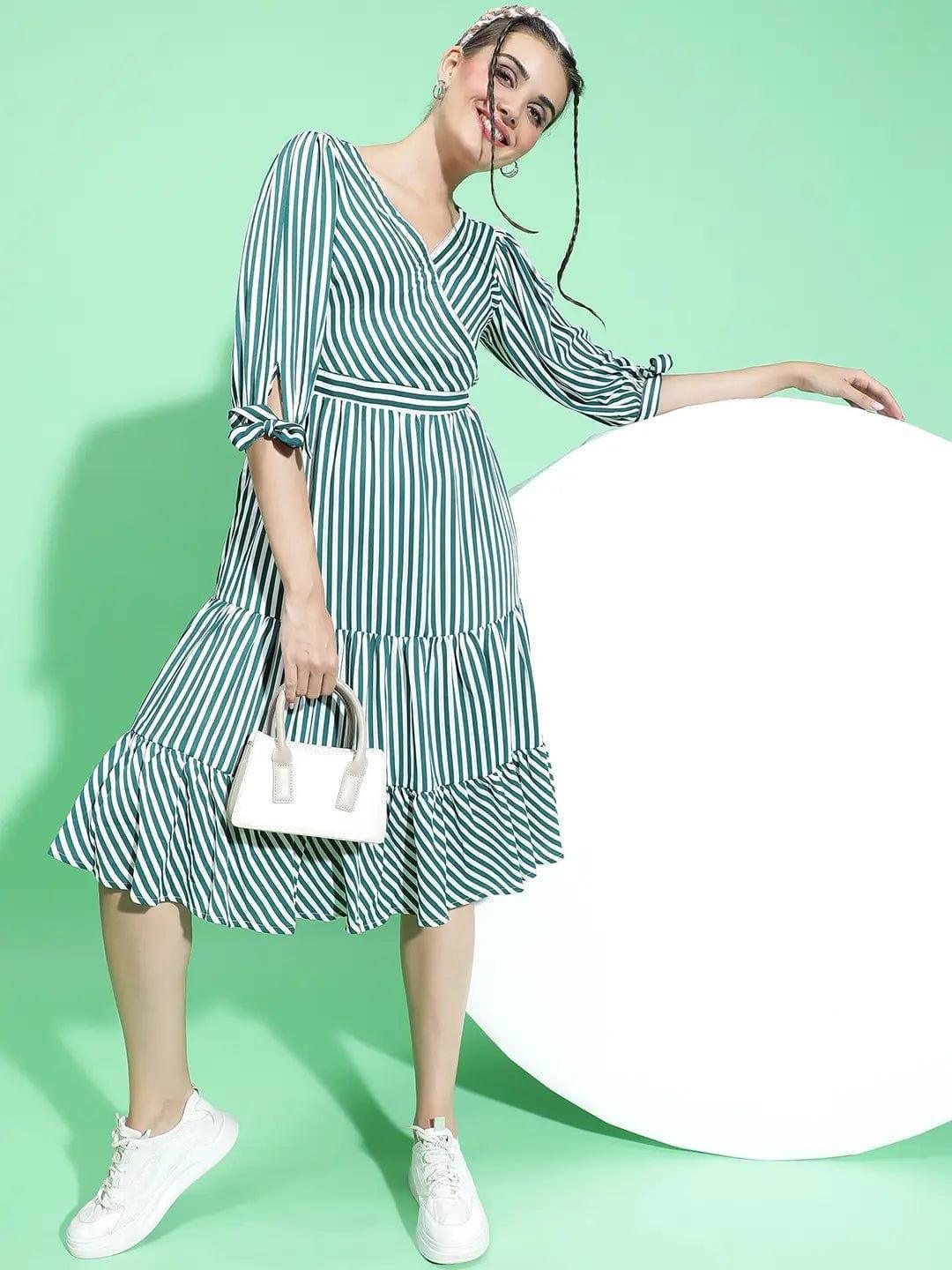 All Green Stripe Print Women Knee Length women Dress - oxolloxo