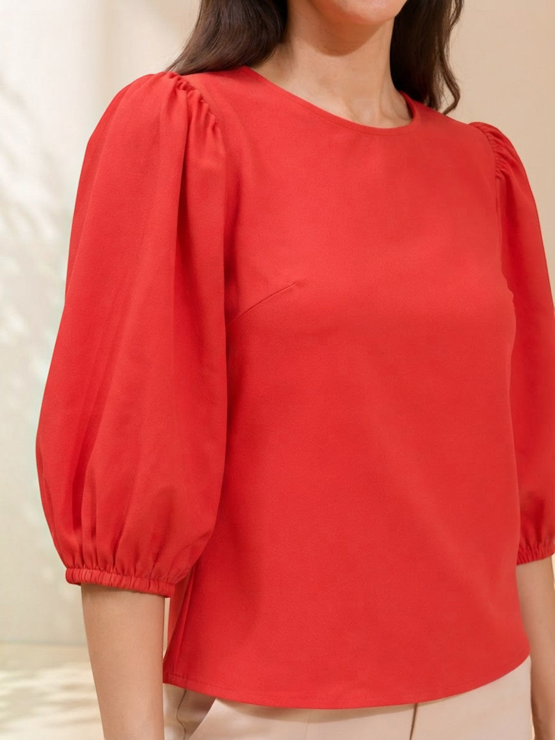 Red women's blouse with puff sleeves, stylish plus size fashion top