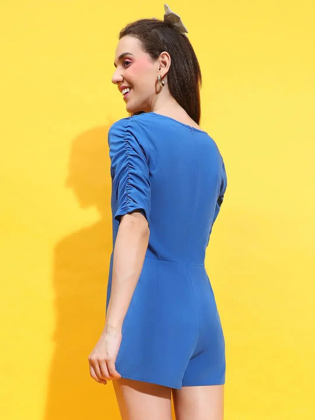 Azure Blue Allure Pleated Short Sleeve Women Playsuit - oxolloxo